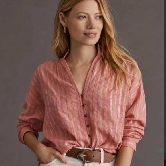 Anthropologie Pilcro Tavi Stripe Oversized Button Up Blouse Coral XSP - Picture 7 of 7